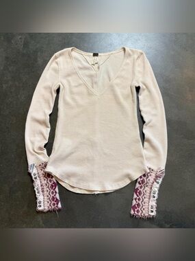 Women’s Free People Kyoto Kombucha Thermal Top Ivory Waffle Knit Shirt Sz small